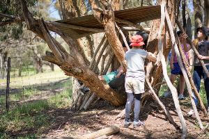 Kids adding more logs to their bush hut