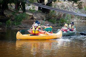 Group of students canoeing under bridge